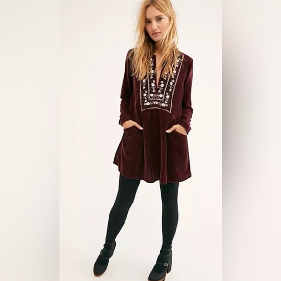 Free People Always Forever Velvet Mini Dress | Maroon Boho Embroidered | Size XS - Picture 1 of 10
